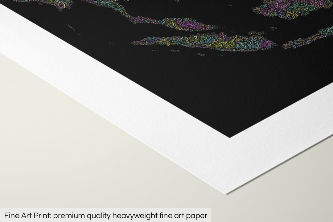 Closeup of a fine art print's corner lying on a flat surface, the details of a Grasshopper Geography map is visible. The text at the bottom reads: Fine art print - premium quality heavyweight fine art paper.