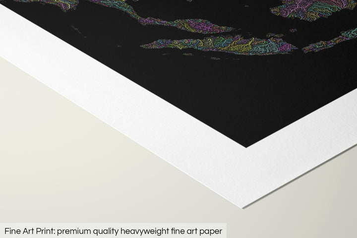 Closeup of a fine art print's corner lying on a flat surface, the details of a Grasshopper Geography map is visible. The text at the bottom reads: Fine art print - premium quality heavyweight fine art paper.