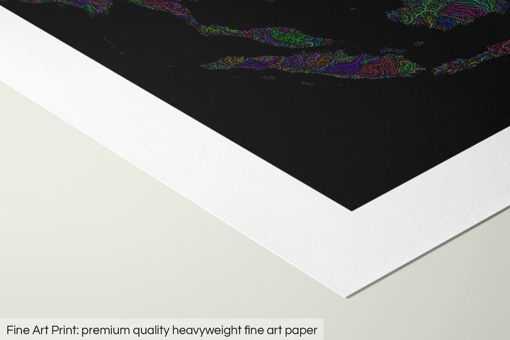 Closeup of a fine art print's corner lying on a flat surface, the details of a Grasshopper Geography map is visible. The text at the bottom reads: Fine art print - premium quality heavyweight fine art paper.