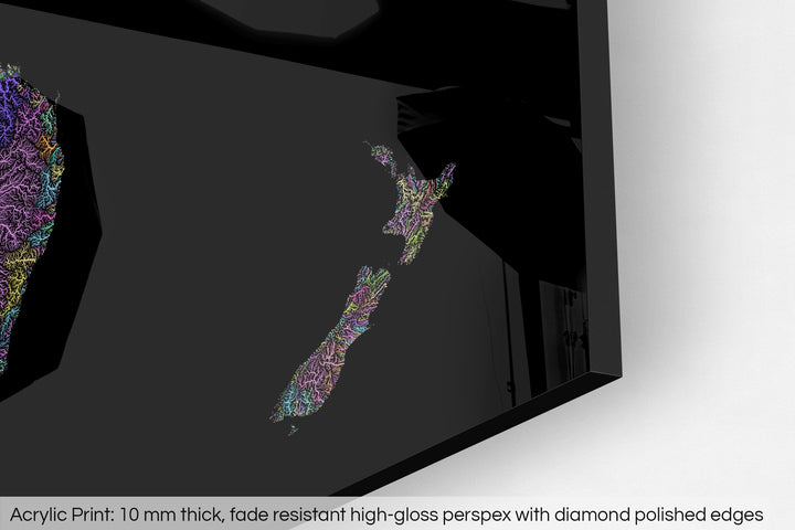 Closeup of an acrylic panel's corner, the details of a Grasshopper Geography map is visible. The text at the bottom reads: Acrylic print - 10 mm thick, fade reistant high-gloss perspex with diamond polished edges.