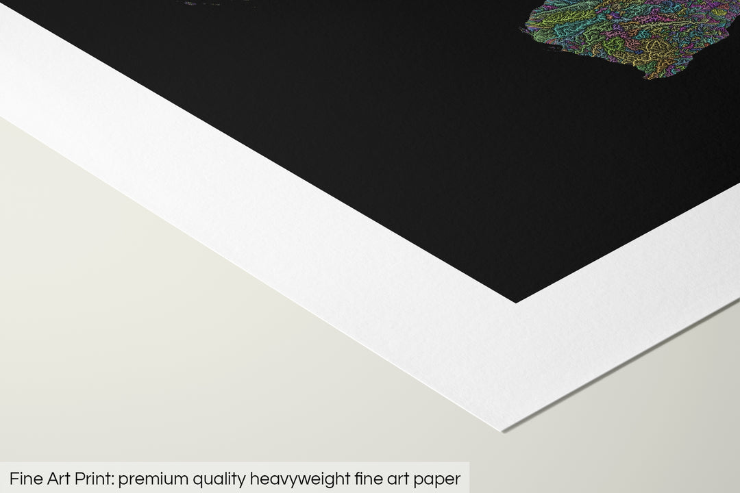 Closeup of a fine art print's corner lying on a flat surface, the details of a Grasshopper Geography map is visible. The text at the bottom reads: Fine art print - premium quality heavyweight fine art paper.