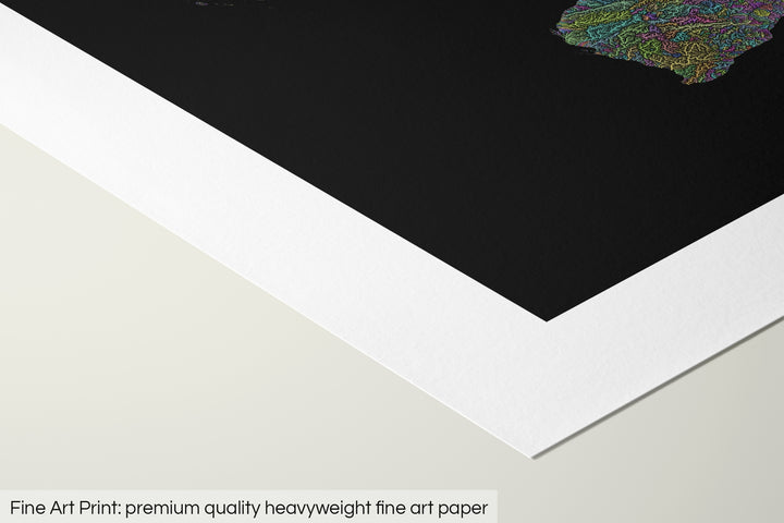 Closeup of a fine art print's corner lying on a flat surface, the details of a Grasshopper Geography map is visible. The text at the bottom reads: Fine art print - premium quality heavyweight fine art paper.