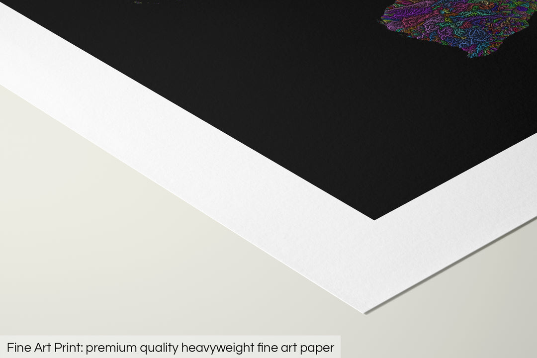 Closeup of a fine art print's corner lying on a flat surface, the details of a Grasshopper Geography map is visible. The text at the bottom reads: Fine art print - premium quality heavyweight fine art paper.
