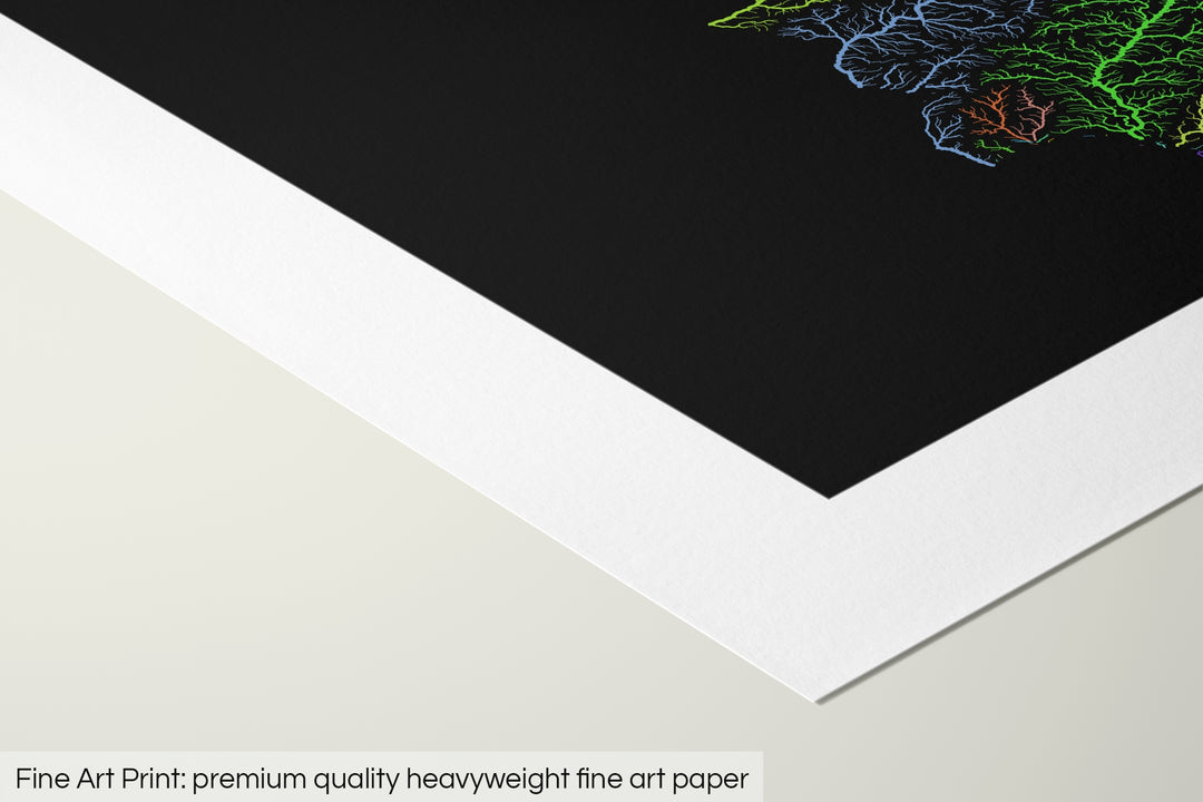 Closeup of a fine art print's corner lying on a flat surface, the details of a Grasshopper Geography map is visible. The text at the bottom reads: Fine art print - premium quality heavyweight fine art paper.