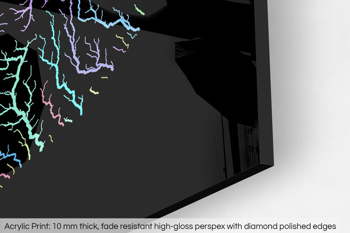 Closeup of an acrylic panel's corner, the details of a Grasshopper Geography map is visible. The text at the bottom reads: Acrylic print - 10 mm thick, fade reistant high-gloss perspex with diamond polished edges.