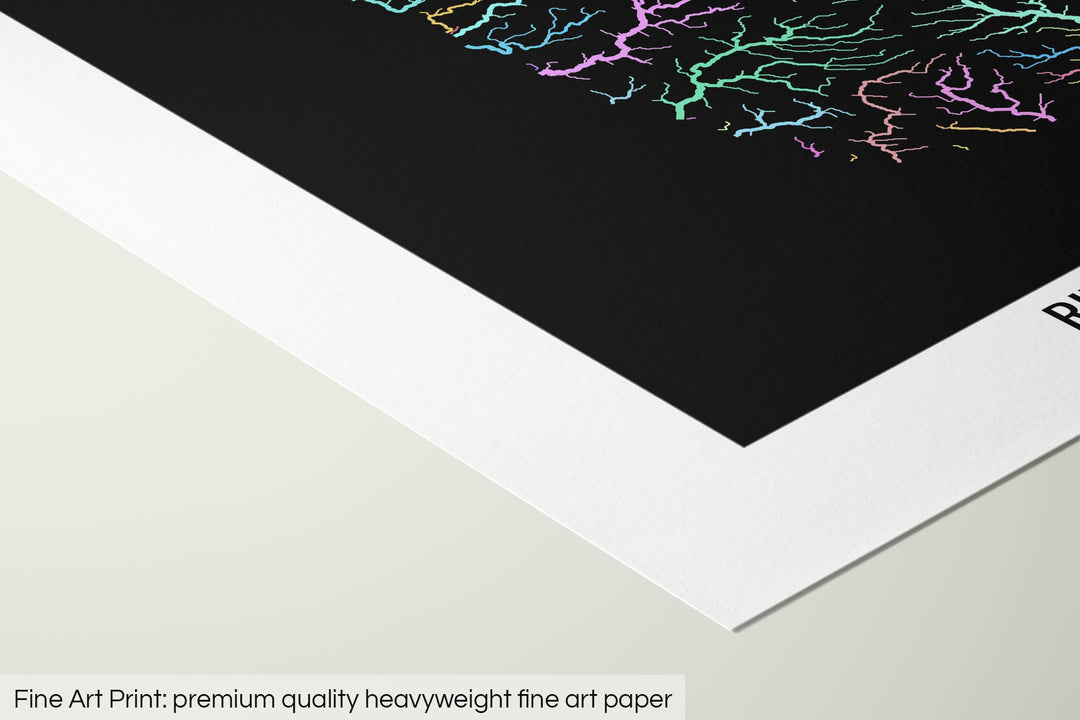 Closeup of a fine art print's corner lying on a flat surface, the details of a Grasshopper Geography map is visible. The text at the bottom reads: Fine art print - premium quality heavyweight fine art paper.