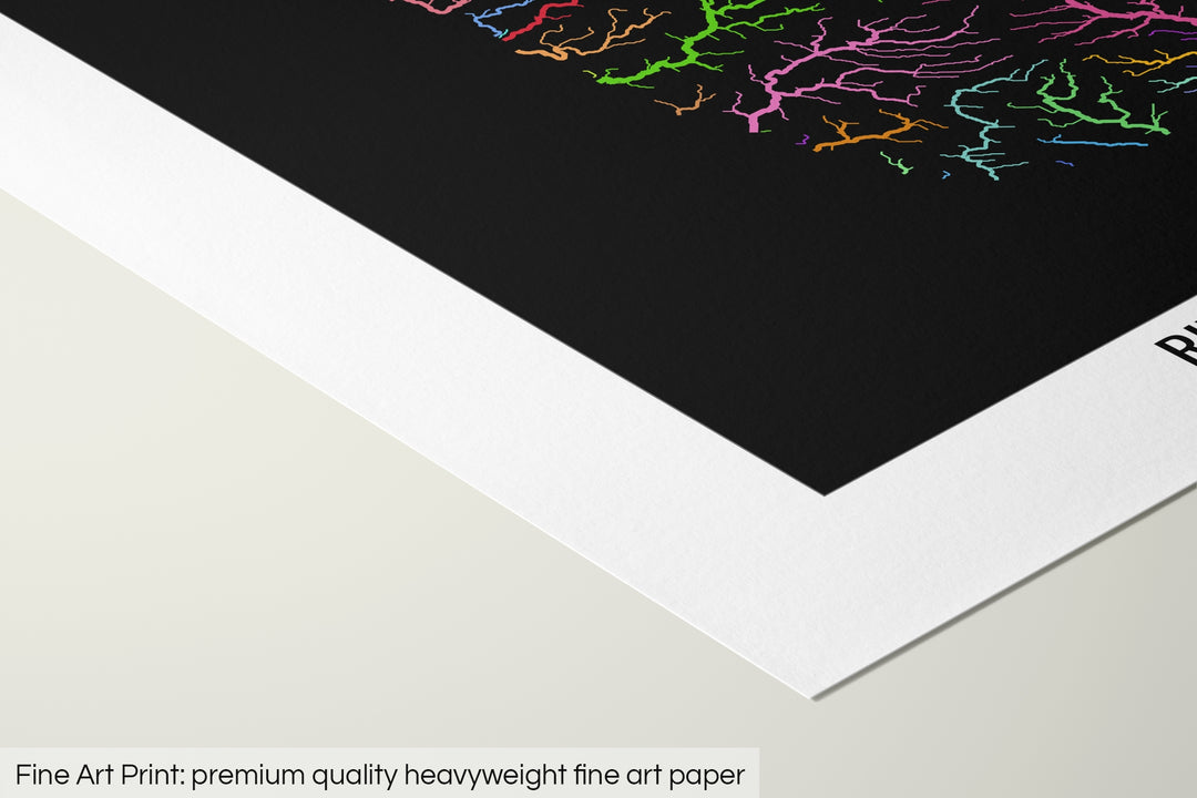 Closeup of a fine art print's corner lying on a flat surface, the details of a Grasshopper Geography map is visible. The text at the bottom reads: Fine art print - premium quality heavyweight fine art paper.