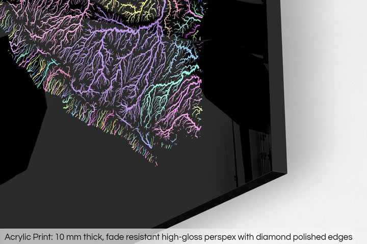 Closeup of an acrylic panel's corner, the details of a Grasshopper Geography map is visible. The text at the bottom reads: Acrylic print - 10 mm thick, fade reistant high-gloss perspex with diamond polished edges.