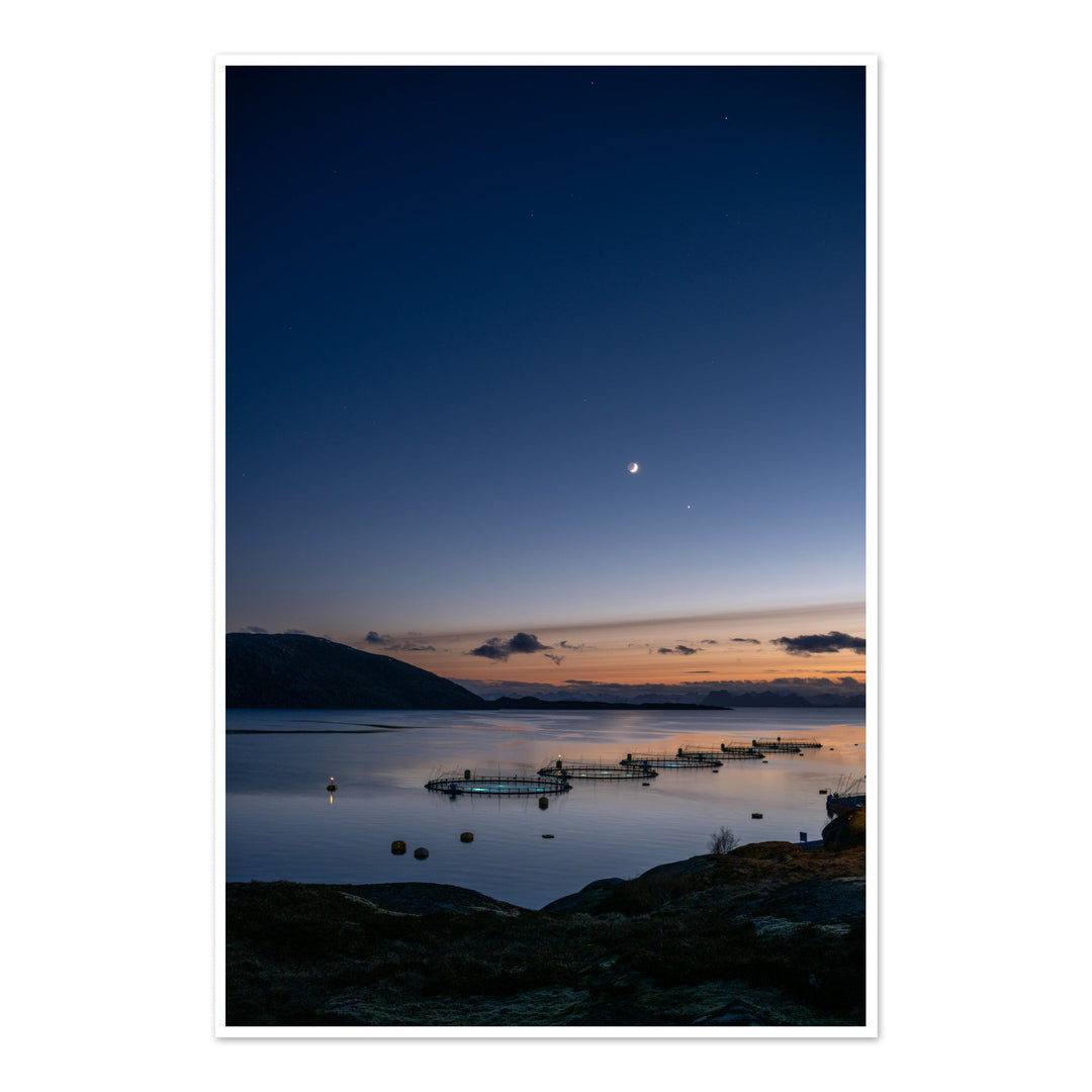 Sunset over the fish pens with a crescent moon I - Hahnemühle Photo Rag Print