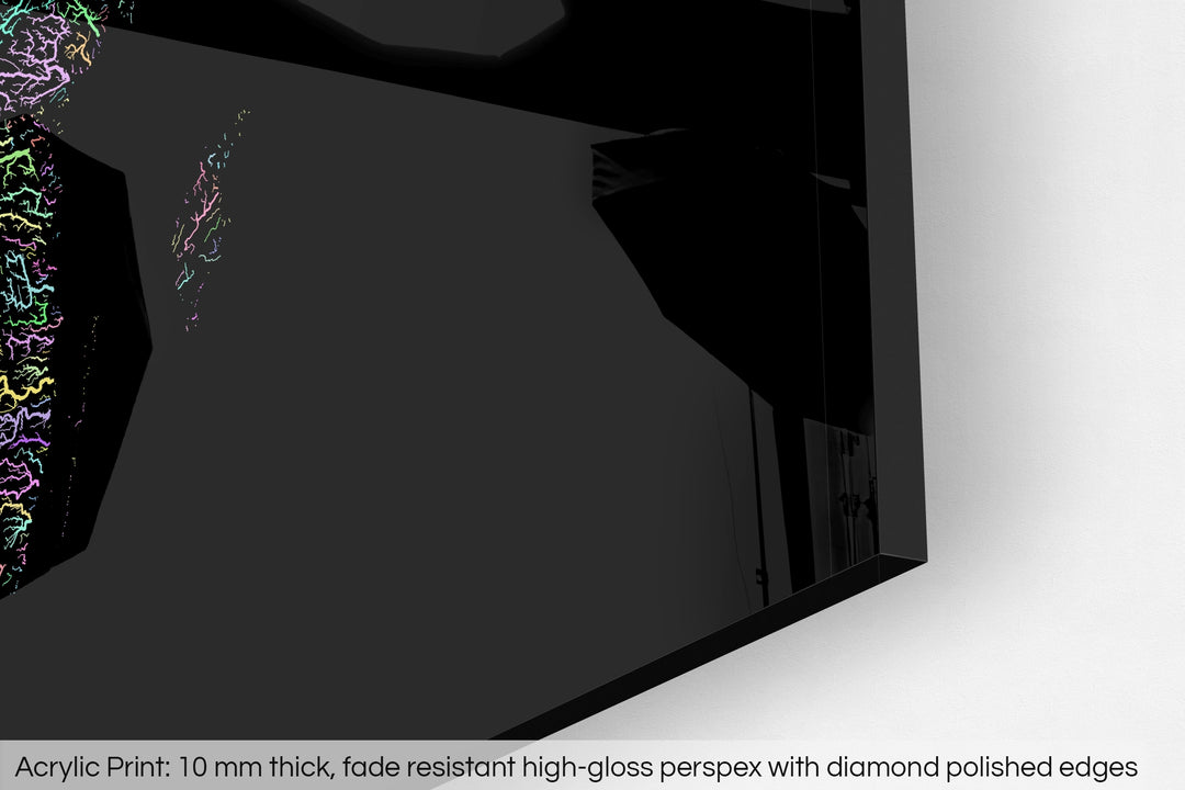 Closeup of an acrylic panel's corner, the details of a Grasshopper Geography map is visible. The text at the bottom reads: Acrylic print - 10 mm thick, fade reistant high-gloss perspex with diamond polished edges.