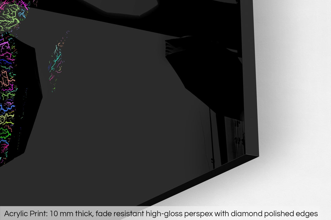 Closeup of an acrylic panel's corner, the details of a Grasshopper Geography map is visible. The text at the bottom reads: Acrylic print - 10 mm thick, fade reistant high-gloss perspex with diamond polished edges.
