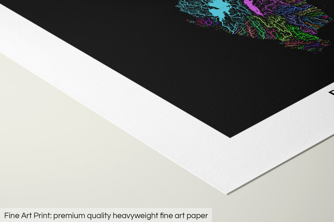Closeup of a fine art print's corner lying on a flat surface, the details of a Grasshopper Geography map is visible. The text at the bottom reads: Fine art print - premium quality heavyweight fine art paper.