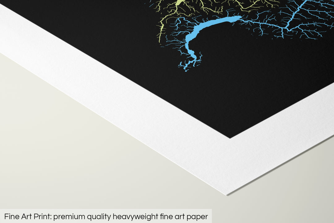 Closeup of a fine art print's corner lying on a flat surface, the details of a Grasshopper Geography map is visible. The text at the bottom reads: Fine art print - premium quality heavyweight fine art paper.