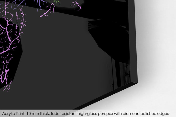 Closeup of an acrylic panel's corner, the details of a Grasshopper Geography map is visible. The text at the bottom reads: Acrylic print - 10 mm thick, fade reistant high-gloss perspex with diamond polished edges.
