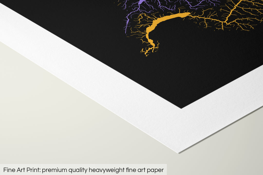Closeup of a fine art print's corner lying on a flat surface, the details of a Grasshopper Geography map is visible. The text at the bottom reads: Fine art print - premium quality heavyweight fine art paper.