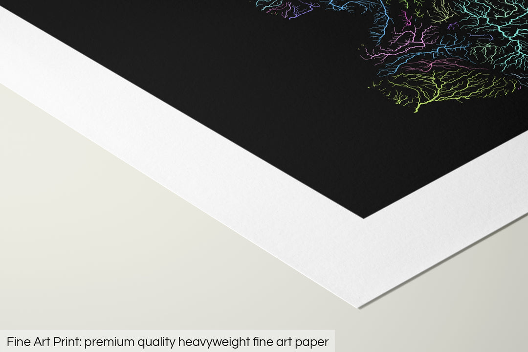Closeup of a fine art print's corner lying on a flat surface, the details of a Grasshopper Geography map is visible. The text at the bottom reads: Fine art print - premium quality heavyweight fine art paper.