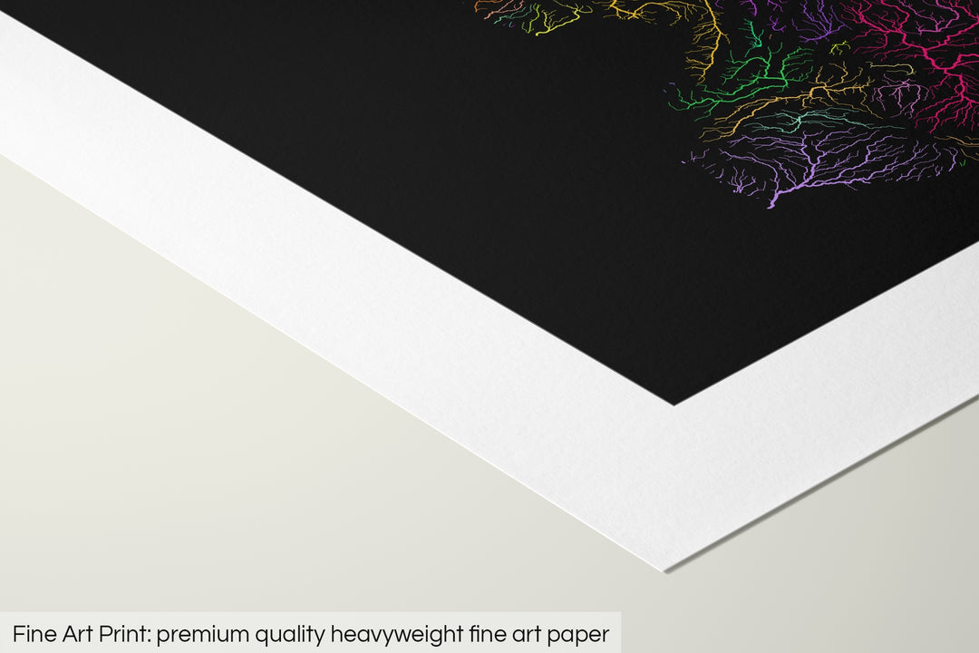Closeup of a fine art print's corner lying on a flat surface, the details of a Grasshopper Geography map is visible. The text at the bottom reads: Fine art print - premium quality heavyweight fine art paper.