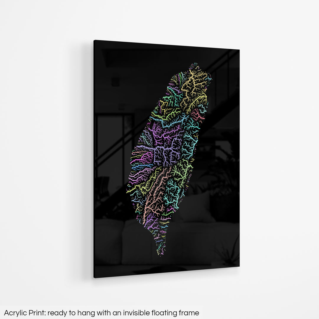 A colourful Grasshopper Geography map hanging on a white wall. The text at the bottom reads: Acrylic print - ready to hang with an invisible floating frame.
