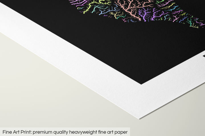 Closeup of a fine art print's corner lying on a flat surface, the details of a Grasshopper Geography map is visible. The text at the bottom reads: Fine art print - premium quality heavyweight fine art paper.