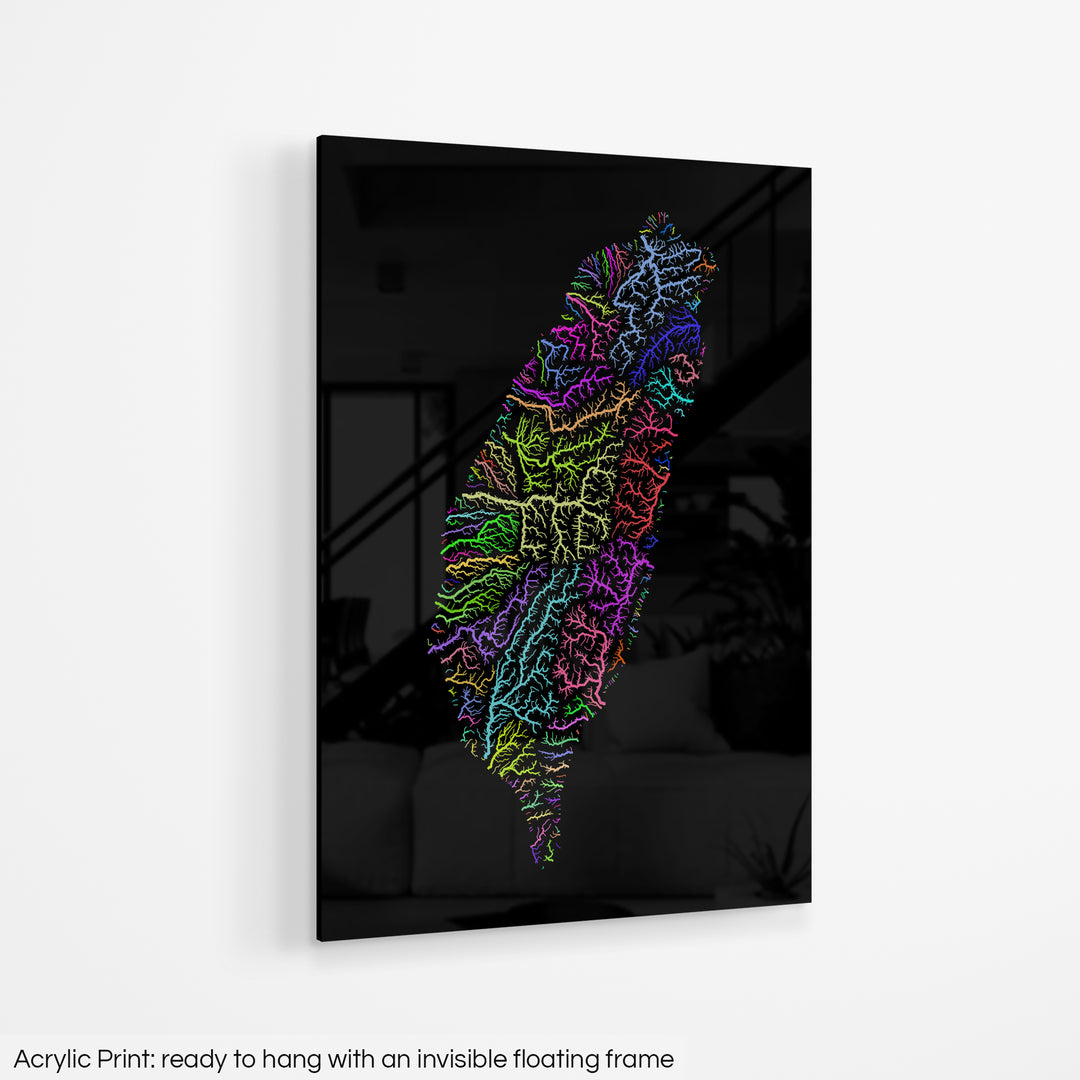 A colourful Grasshopper Geography map hanging on a white wall. The text at the bottom reads: Acrylic print - ready to hang with an invisible floating frame.