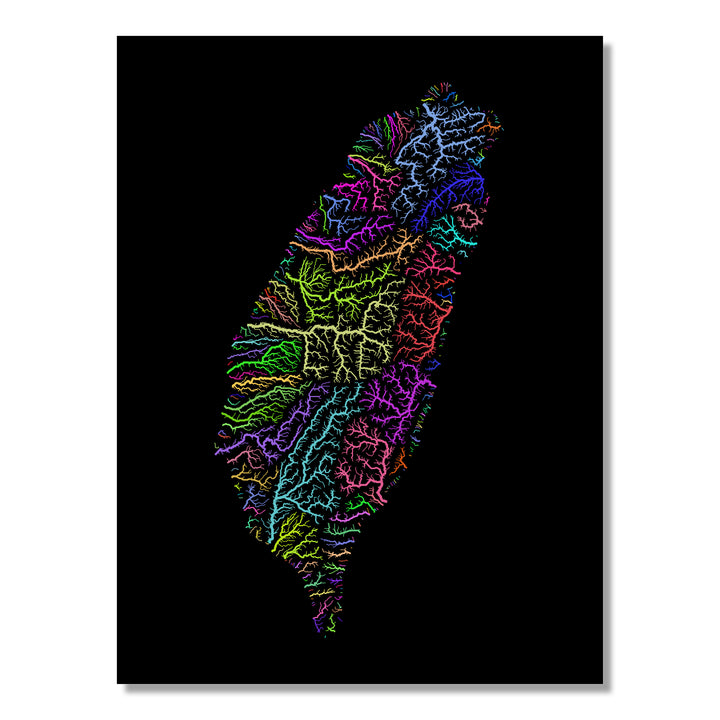 Taiwan - River basin map, rainbow colours - Wall Art by Grasshopper Geography. Image of a high-resolution map created by geographer Robert Szucs, available as wall art and for licensing.