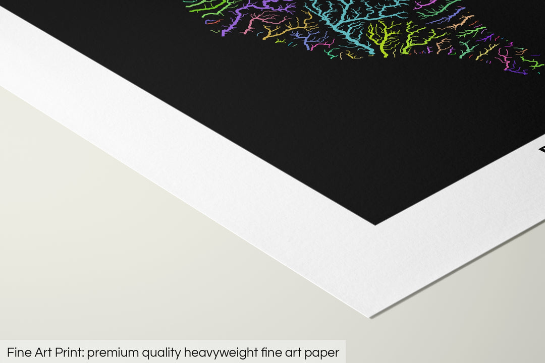Closeup of a fine art print's corner lying on a flat surface, the details of a Grasshopper Geography map is visible. The text at the bottom reads: Fine art print - premium quality heavyweight fine art paper.
