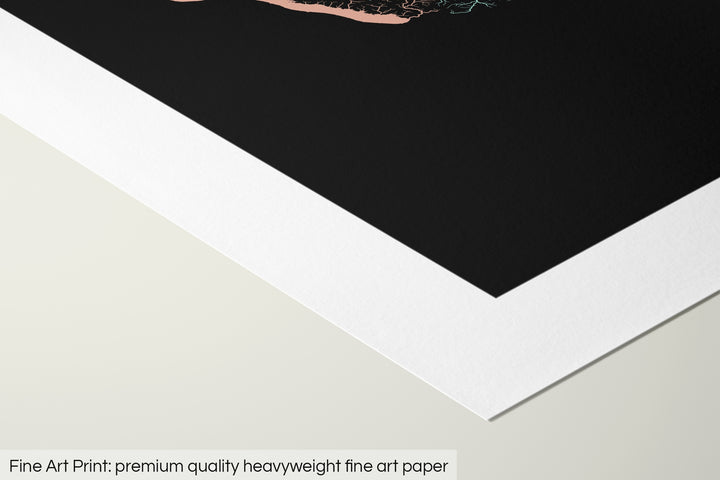 Closeup of a fine art print's corner lying on a flat surface, the details of a Grasshopper Geography map is visible. The text at the bottom reads: Fine art print - premium quality heavyweight fine art paper.