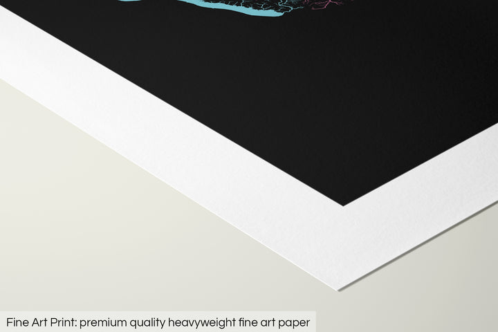 Closeup of a fine art print's corner lying on a flat surface, the details of a Grasshopper Geography map is visible. The text at the bottom reads: Fine art print - premium quality heavyweight fine art paper.
