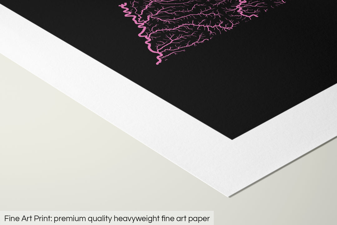 Closeup of a fine art print's corner lying on a flat surface, the details of a Grasshopper Geography map is visible. The text at the bottom reads: Fine art print - premium quality heavyweight fine art paper.
