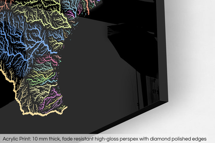 Closeup of an acrylic panel's corner, the details of a Grasshopper Geography map is visible. The text at the bottom reads: Acrylic print - 10 mm thick, fade reistant high-gloss perspex with diamond polished edges.