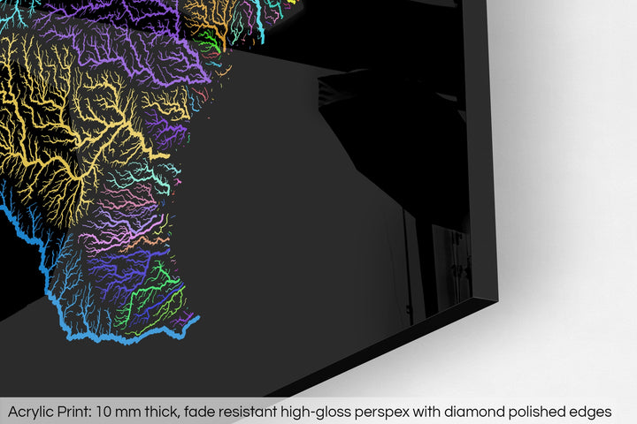 Closeup of an acrylic panel's corner, the details of a Grasshopper Geography map is visible. The text at the bottom reads: Acrylic print - 10 mm thick, fade reistant high-gloss perspex with diamond polished edges.