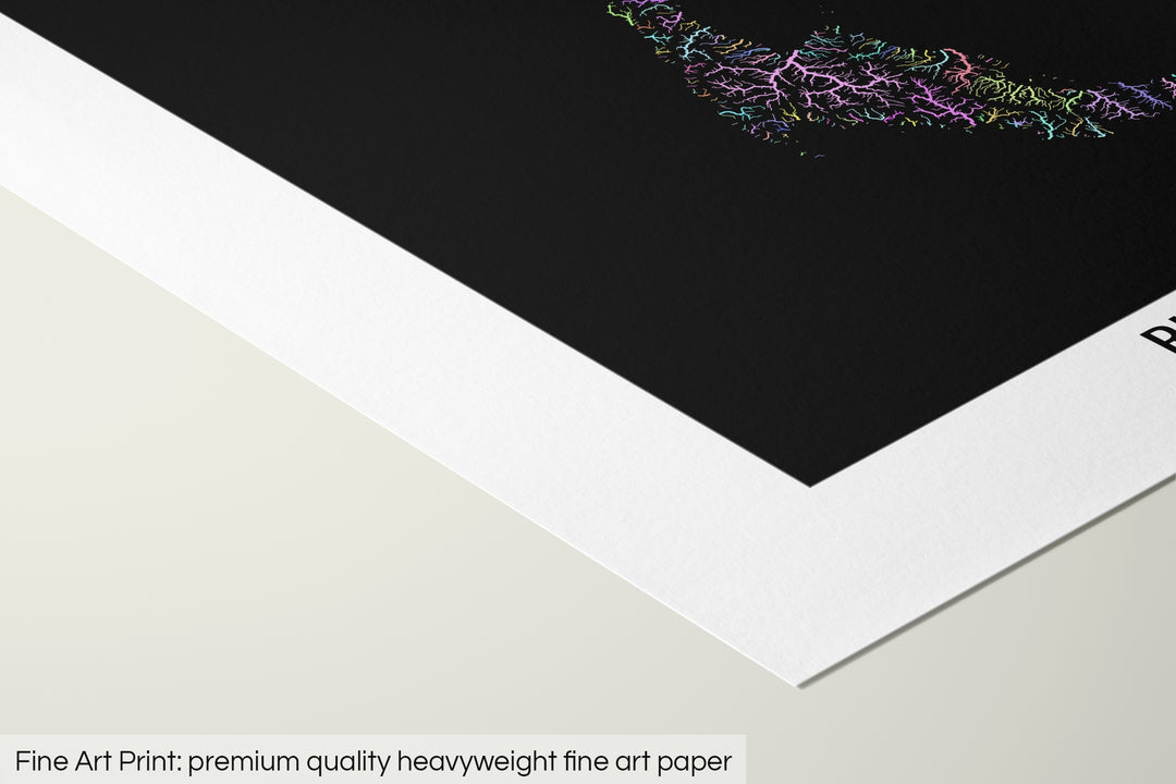 Closeup of a fine art print's corner lying on a flat surface, the details of a Grasshopper Geography map is visible. The text at the bottom reads: Fine art print - premium quality heavyweight fine art paper.