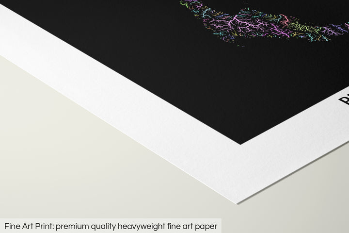 Closeup of a fine art print's corner lying on a flat surface, the details of a Grasshopper Geography map is visible. The text at the bottom reads: Fine art print - premium quality heavyweight fine art paper.