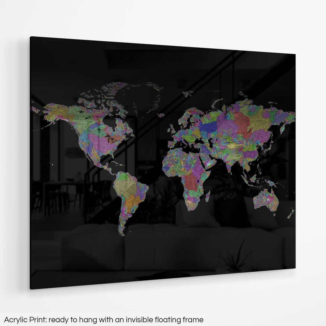 A colourful Grasshopper Geography map hanging on a white wall. The text at the bottom reads: Acrylic print - ready to hang with an invisible floating frame.