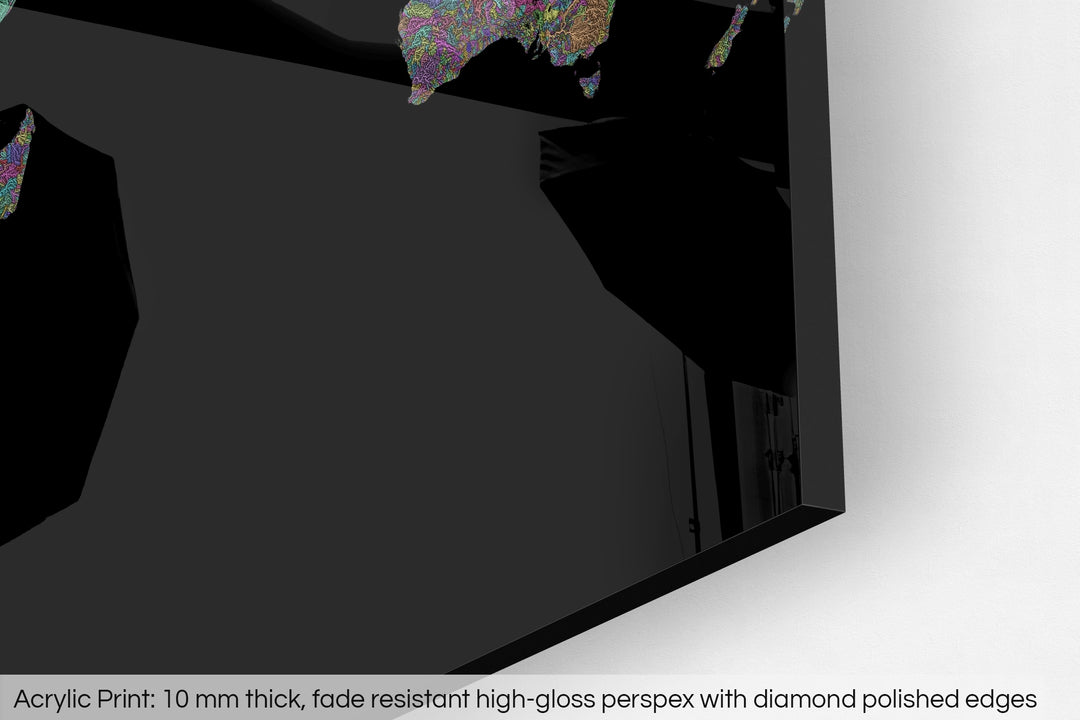 Closeup of an acrylic panel's corner, the details of a Grasshopper Geography map is visible. The text at the bottom reads: Acrylic print - 10 mm thick, fade reistant high-gloss perspex with diamond polished edges.