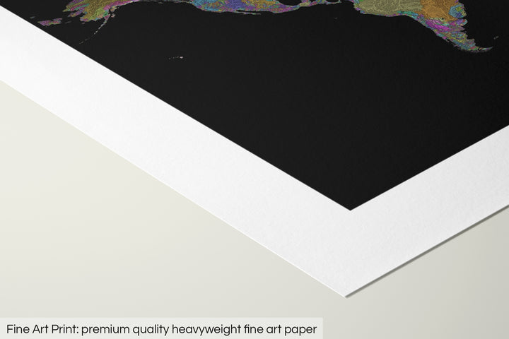Closeup of a fine art print's corner lying on a flat surface, the details of a Grasshopper Geography map is visible. The text at the bottom reads: Fine art print - premium quality heavyweight fine art paper.