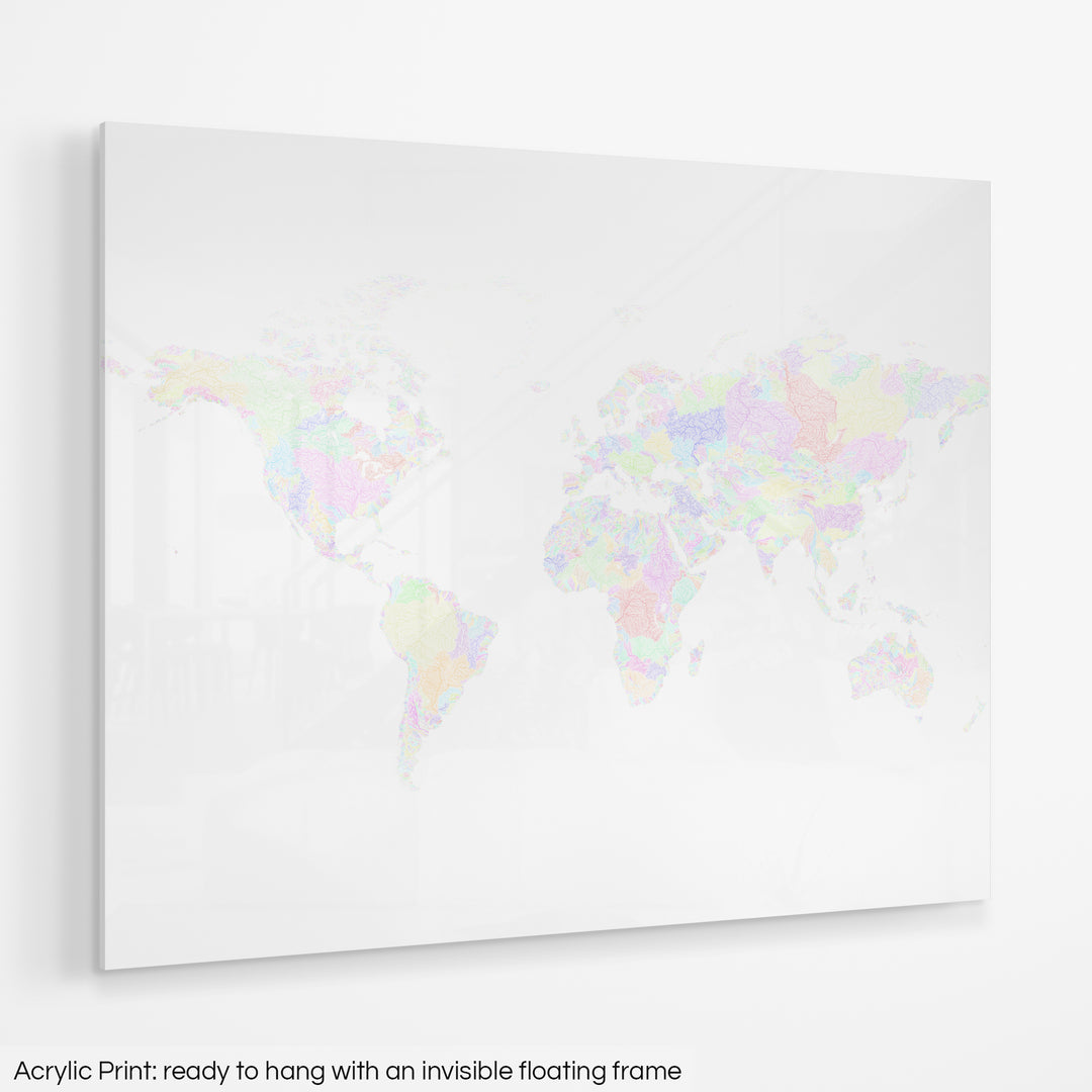 A colourful Grasshopper Geography map hanging on a white wall. The text at the bottom reads: Acrylic print - ready to hang with an invisible floating frame.