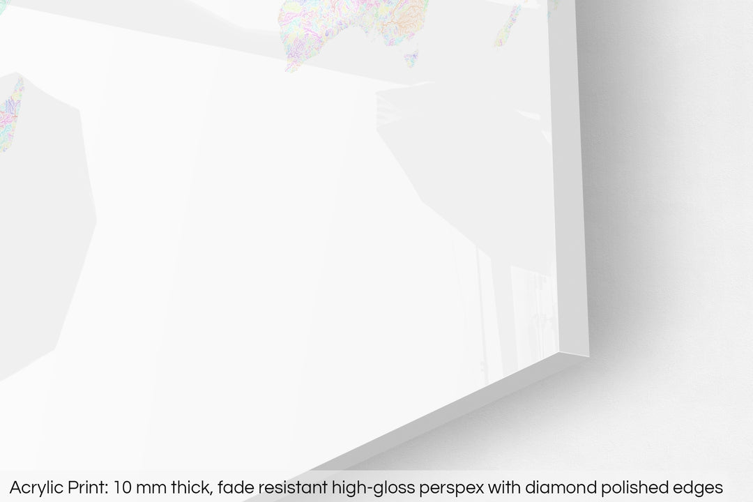 Closeup of an acrylic panel's corner, the details of a Grasshopper Geography map is visible. The text at the bottom reads: Acrylic print - 10 mm thick, fade reistant high-gloss perspex with diamond polished edges.