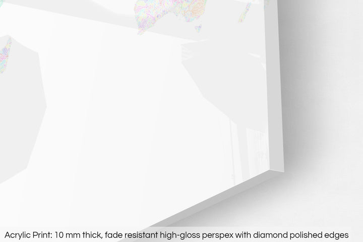 Closeup of an acrylic panel's corner, the details of a Grasshopper Geography map is visible. The text at the bottom reads: Acrylic print - 10 mm thick, fade reistant high-gloss perspex with diamond polished edges.