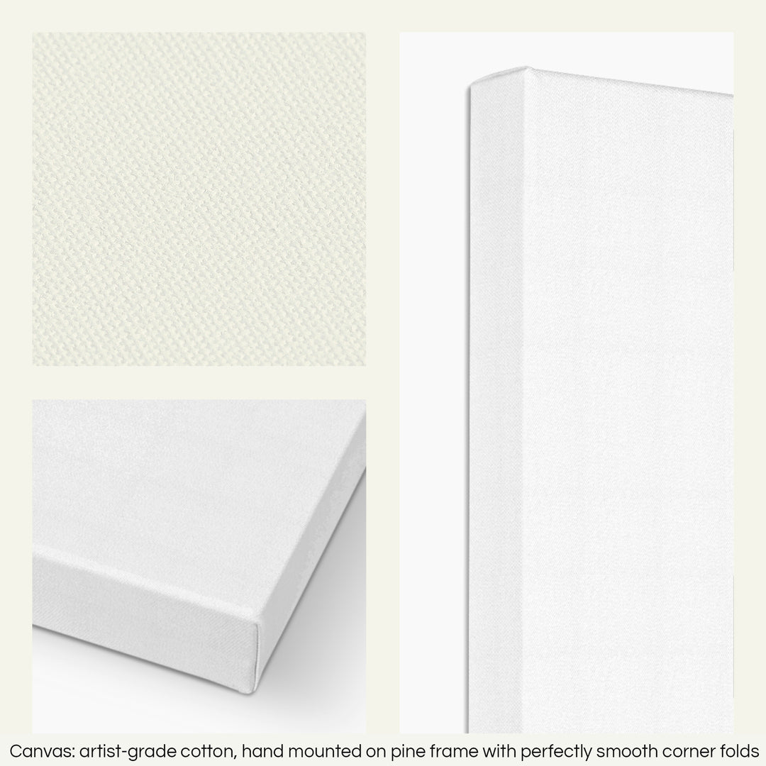 Three closeups of a stretched canvas print. The text at the bottom reads: Canvas - artist-grade cotton, hand mounted on a pine frame with perfectly smooth corner folds.