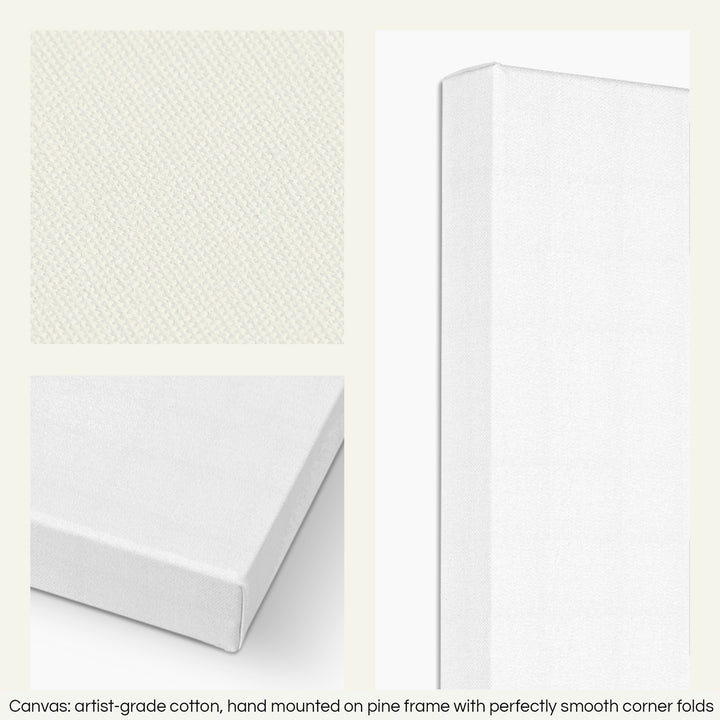Three closeups of a stretched canvas print. The text at the bottom reads: Canvas - artist-grade cotton, hand mounted on a pine frame with perfectly smooth corner folds.