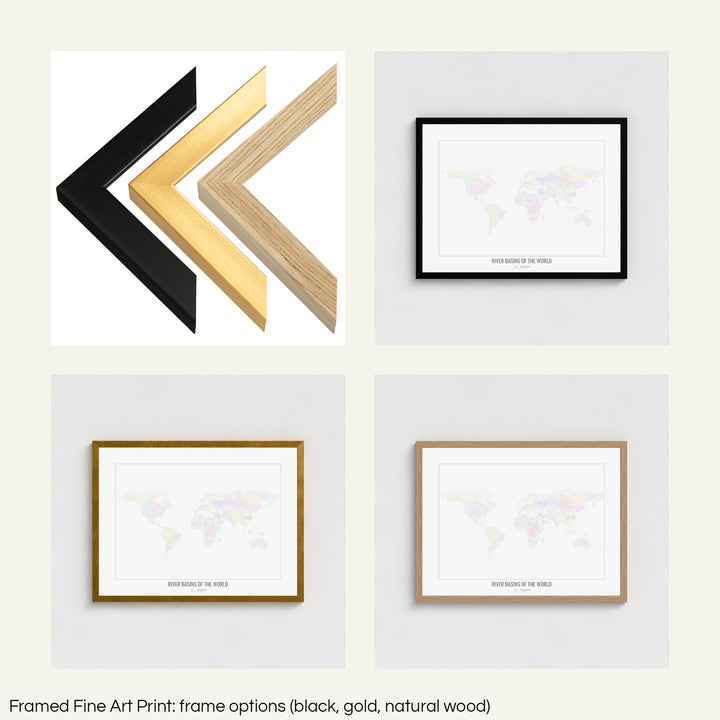 The image shows the different frames available at Grasshopper Geography's map shop: black, golden and natural wood. The image is a collection of four smaller pictures: the first one shows the wooden frames up close, the other three are mockups of the printed map in each frame.