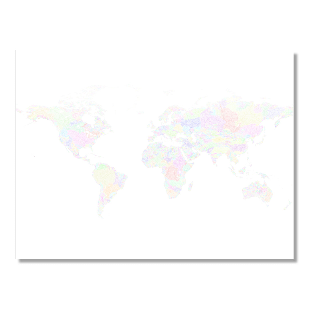 The World - River basin map, pastel colours on white - Wall Art by Grasshopper Geography. Image of a high-resolution map created by geographer Robert Szucs, available as wall art and for licensing.