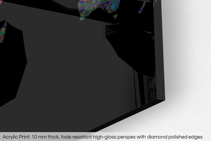 Closeup of an acrylic panel's corner, the details of a Grasshopper Geography map is visible. The text at the bottom reads: Acrylic print - 10 mm thick, fade reistant high-gloss perspex with diamond polished edges.