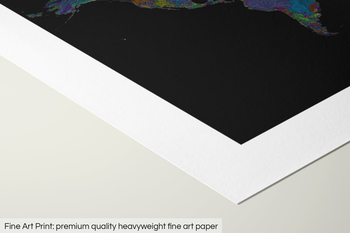 Closeup of a fine art print's corner lying on a flat surface, the details of a Grasshopper Geography map is visible. The text at the bottom reads: Fine art print - premium quality heavyweight fine art paper.