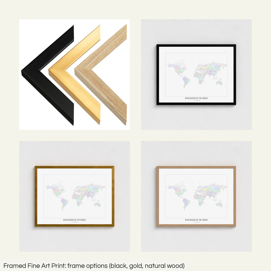 The image shows the different frames available at Grasshopper Geography's map shop: black, golden and natural wood. The image is a collection of four smaller pictures: the first one shows the wooden frames up close, the other three are mockups of the printed map in each frame.