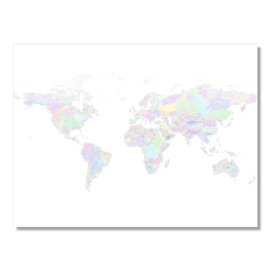 The World - River basin map, rainbow colours on white - Wall Art by Grasshopper Geography. Image of a high-resolution map created by geographer Robert Szucs, available as wall art and for licensing.
