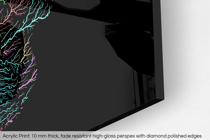 Closeup of an acrylic panel's corner, the details of a Grasshopper Geography map is visible. The text at the bottom reads: Acrylic print - 10 mm thick, fade reistant high-gloss perspex with diamond polished edges.