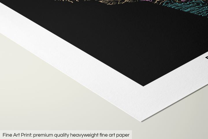 Closeup of a fine art print's corner lying on a flat surface, the details of a Grasshopper Geography map is visible. The text at the bottom reads: Fine art print - premium quality heavyweight fine art paper.