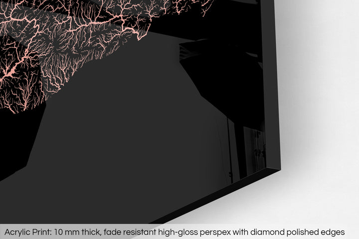 Closeup of an acrylic panel's corner, the details of a Grasshopper Geography map is visible. The text at the bottom reads: Acrylic print - 10 mm thick, fade reistant high-gloss perspex with diamond polished edges.